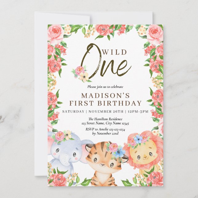 Wild One Animals Pink Flowers Birthday Invitation (Front)
