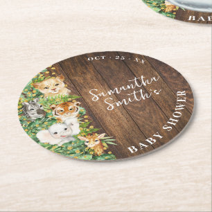 Wild One Animals Rustic Safari Baby Shower Round Paper Coaster