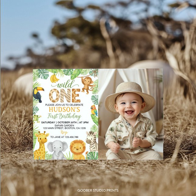 Wild One Animals Safari 1st Birthday Photo Invitation (Creator Uploaded)