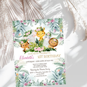 Wild One Animals Tropical Floral 1st Birthday Invitation