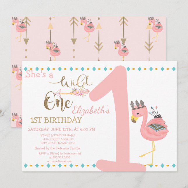 Wild One, Arrows, Pink Flamingo First Birthday Invitation (Front/Back)