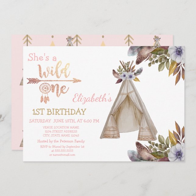 Wild One,Arrows,Tent,Flowers,Boho Birthday  Invitation (Front/Back)