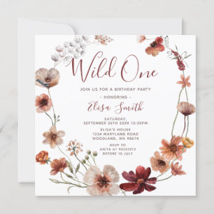 Wild One Autumn Boho Wildflowers Birthday Party  Invitation