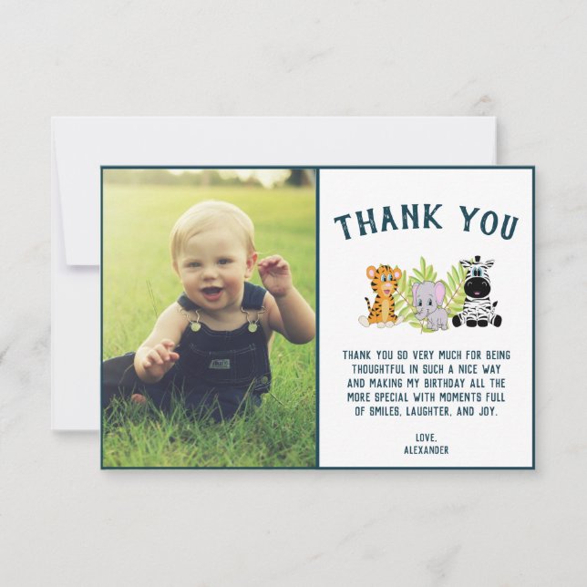 Wild One Baby 1st Birthday Jungle Animals Photo Thank You Card (Front)
