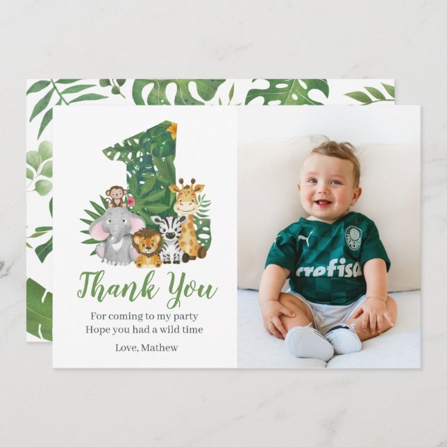 Wild One Baby 1st Birthday Jungle Safari Thank You Card (Front/Back)