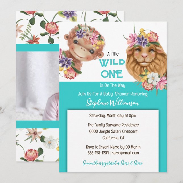 Wild one baby 1st lion monkey safari blue invitation (Front/Back)