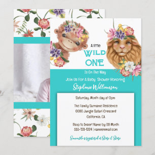 Wild one baby 1st lion monkey safari blue invitation