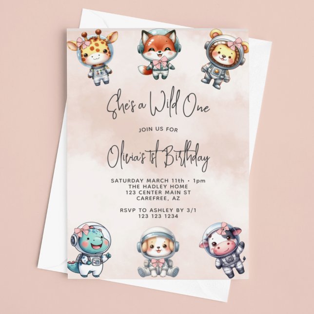Wild One Baby Animal Astronauts Pink 1st Birthday Invitation (Creator Uploaded)