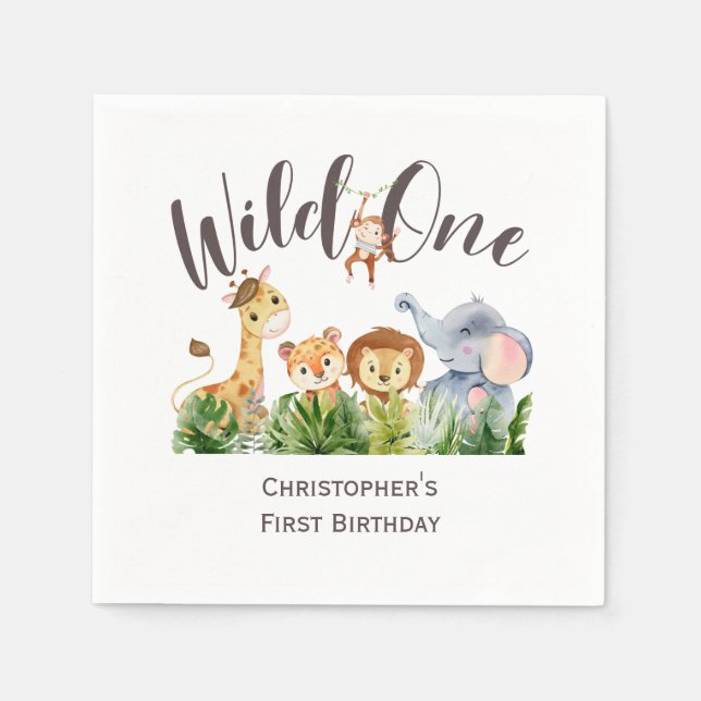 Wild One Baby Animals Jungle Safari 1st Birthday  Napkin (Front)