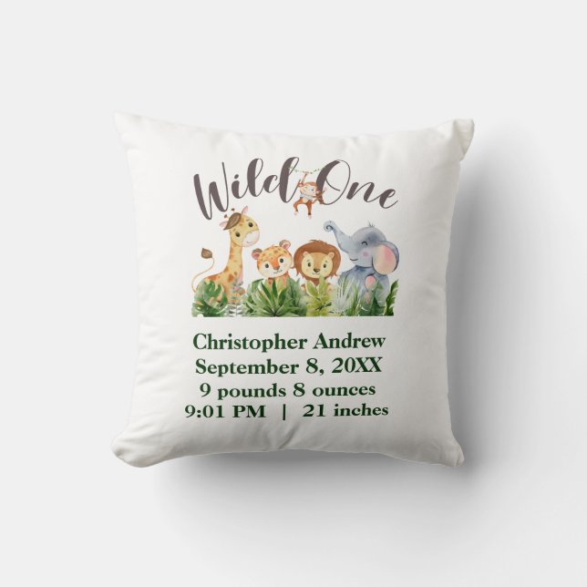 Wild One Baby Animals Jungle Safari Birth Stats Cushion (Front)