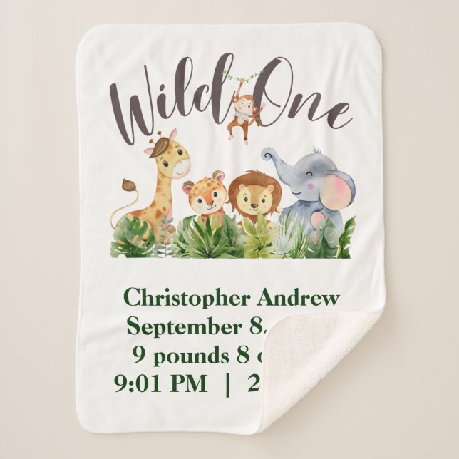 Wild One Baby Animals Jungle Safari Birth Stats  Sherpa Blanket (Front)