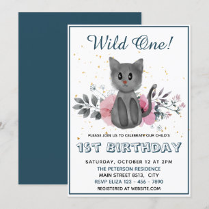 Wild One - Baby Cat and Flowers 1st Birthday Invitation