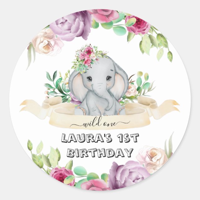 Wild One - Baby Elephant and Flowers 1st Birthday  Classic Round Sticker (Front)