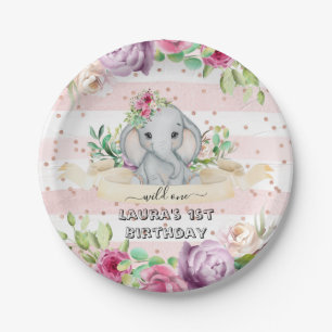 Wild One - Baby Elephant and Flowers 1st Birthday Paper Plate