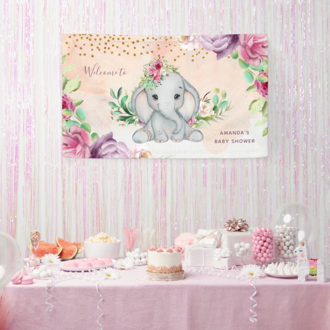 Wild One - Baby Elephant and Flowers Banner (Party)