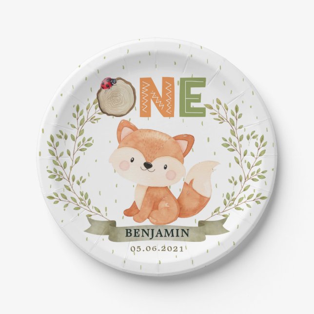 Wild One Baby Fox 1st Birthday Paper Plate (Front)
