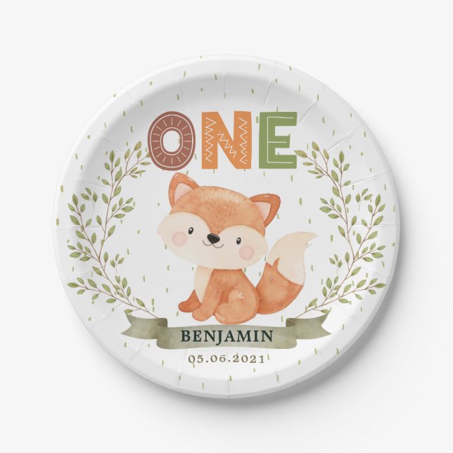 Wild One Baby Fox 1st Birthday Paper Plate (Front)