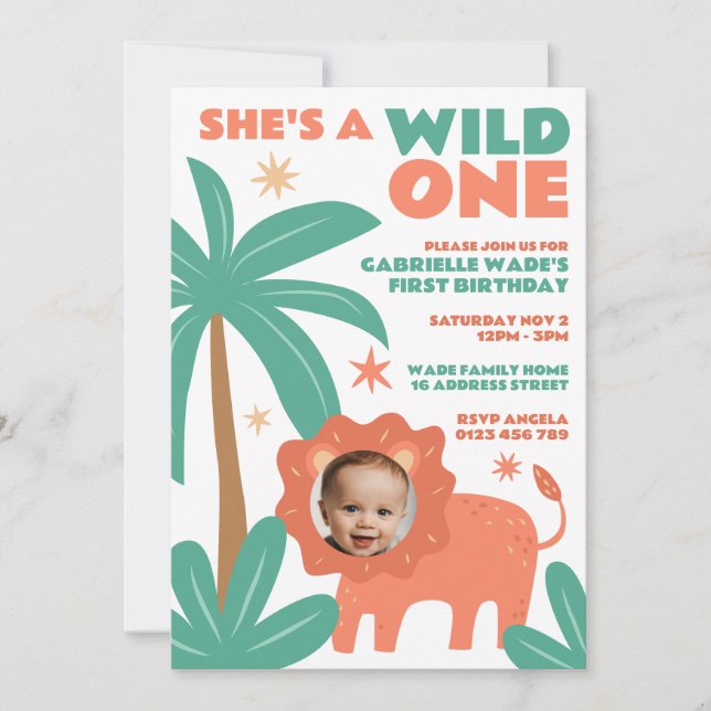 Wild One Baby Girl Jungle Photo 1st Birthday  Invitation (Front)