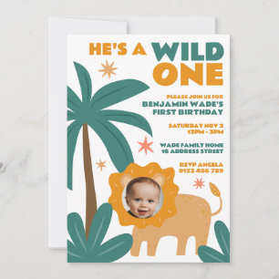 Wild One Baby Lion Face Photo 1st Birthday Invitation