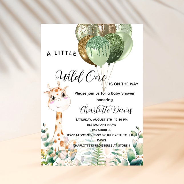 Wild one baby shower giraffe jungle balloons invitation postcard (Creator Uploaded)