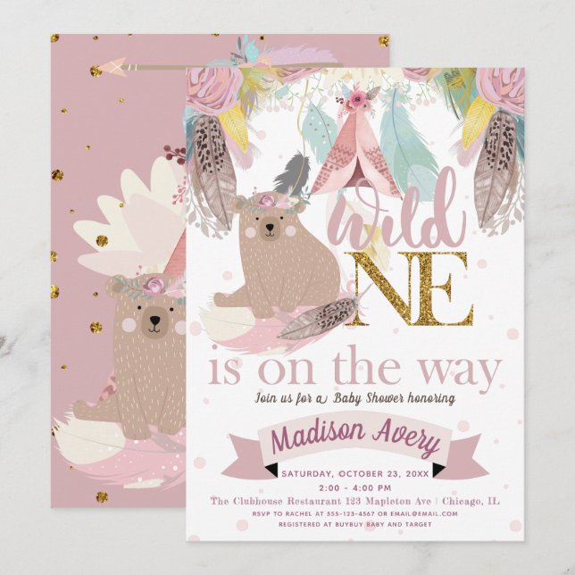 Wild One Baby Shower Girl Invitation (Front/Back)