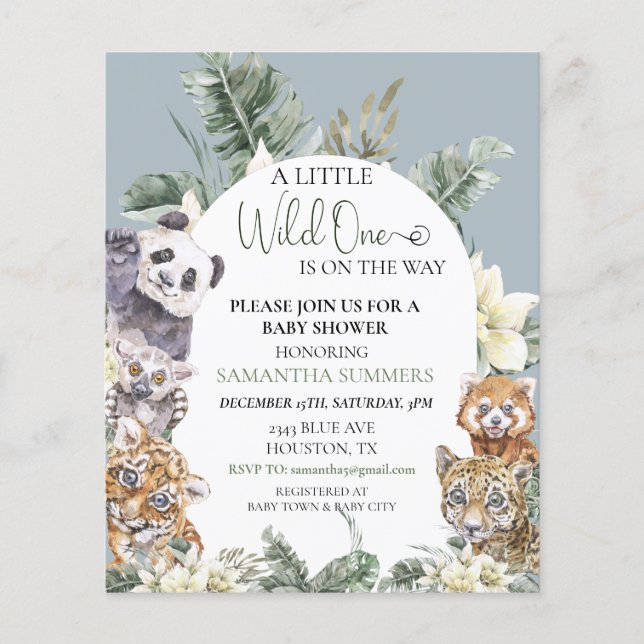 Wild One Baby Shower Tropical Jungle Animal Budget (Front)