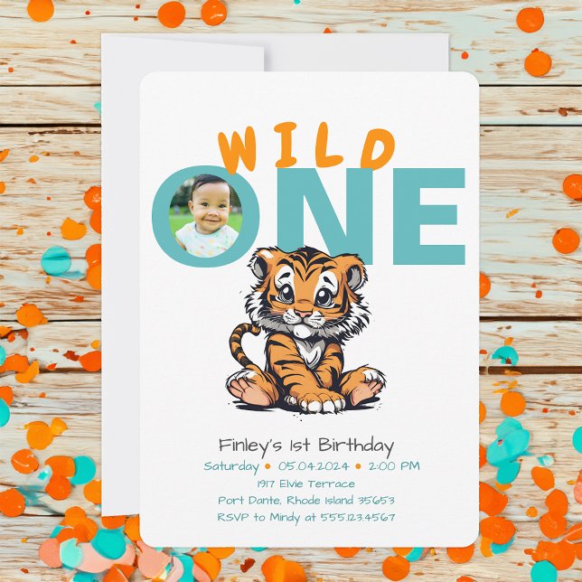 Wild ONE Baby's 1st Birthday Cute Tiger Picture In Invitation (Creator Uploaded)