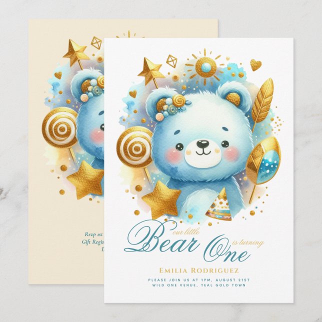 Wild One Bear 1st Birthday (or EDIT AGE) Teal Gold Invitation (Front/Back)