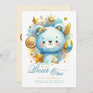 Wild One Bear 1st Birthday (or EDIT AGE) Teal Gold Invitation