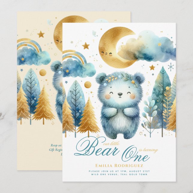 Wild One Bear 1st Birthday (or EDIT AGE) Teal Gold Invitation (Front/Back)