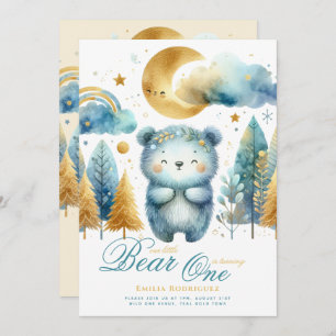 Wild One Bear 1st Birthday (or EDIT AGE) Teal Gold Invitation