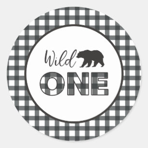 Wild One Bear Black Buffalo Plaid First Birthday Classic Round Sticker