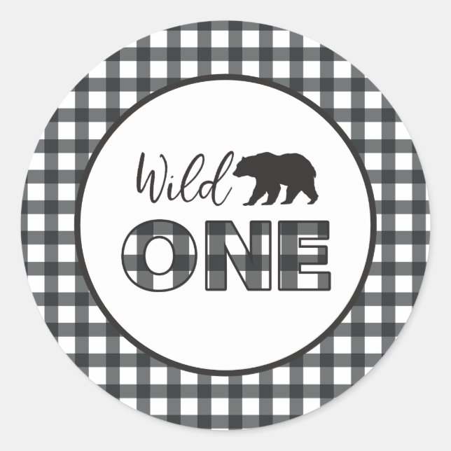 Wild One Bear Black Buffalo Plaid First Birthday Classic Round Sticker (Front)