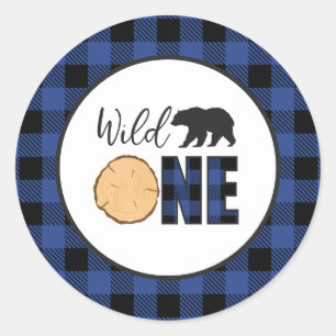 Wild One Bear blue Buffalo Plaid First Birthday Classic Round Sticker