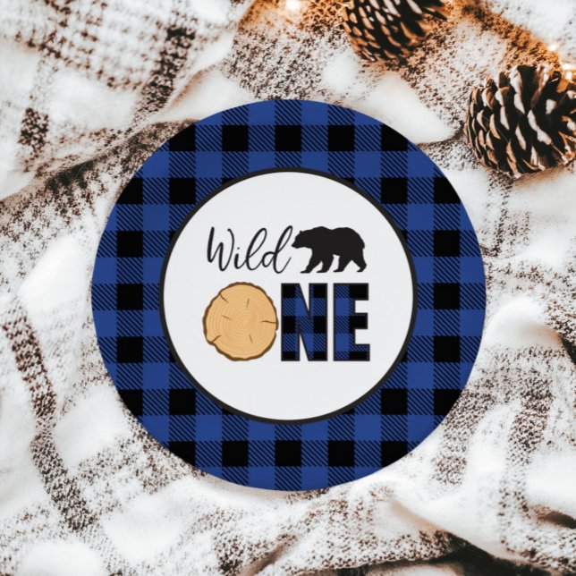 Wild One Bear blue Buffalo Plaid First Birthday Paper Plate (Creator Uploaded)