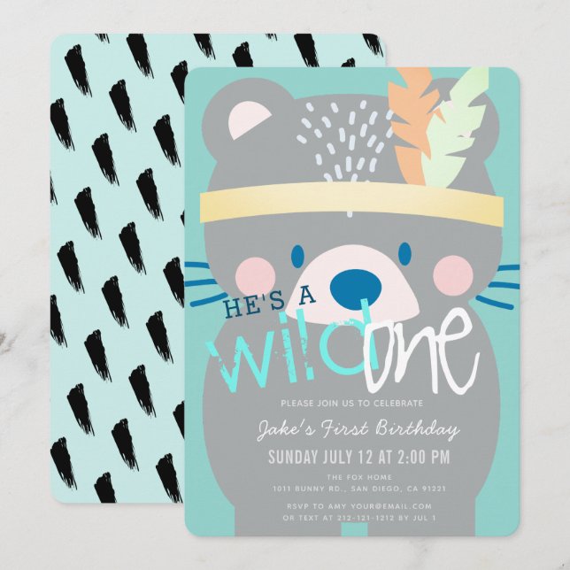 Wild One Bear Boy Teal 1st Birthday Invitation (Front/Back)