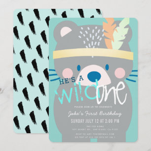 Wild One Bear Boy Teal 1st Birthday Invitation