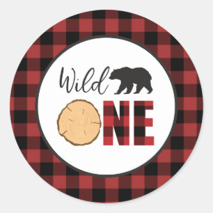 Wild One Bear Buffalo Plaid First Birthday Classic Round Sticker