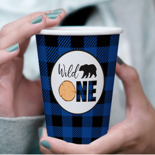 Wild One Bear Buffalo Plaid First Birthday Paper Cups