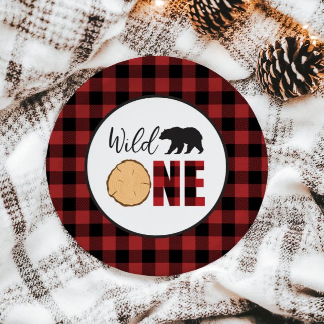 Wild One Bear Buffalo Plaid First Birthday Paper P Plate (Creator Uploaded)