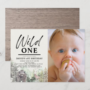 Wild One Bear Forest Mountain 1st Birthday Photo Invitation