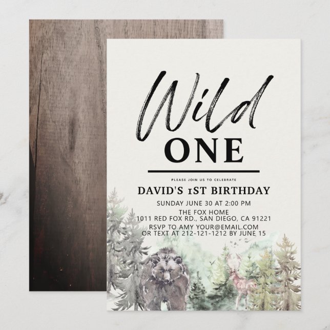 Wild One Bear Forest Mountain Boy 1st Birthday Invitation (Front/Back)