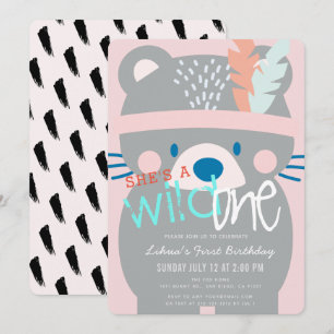 Wild One Bear Girl Pink 1st Birthday Invitation