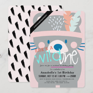 Wild One Bear Girl Pink Virtual 1st Birthday Invitation