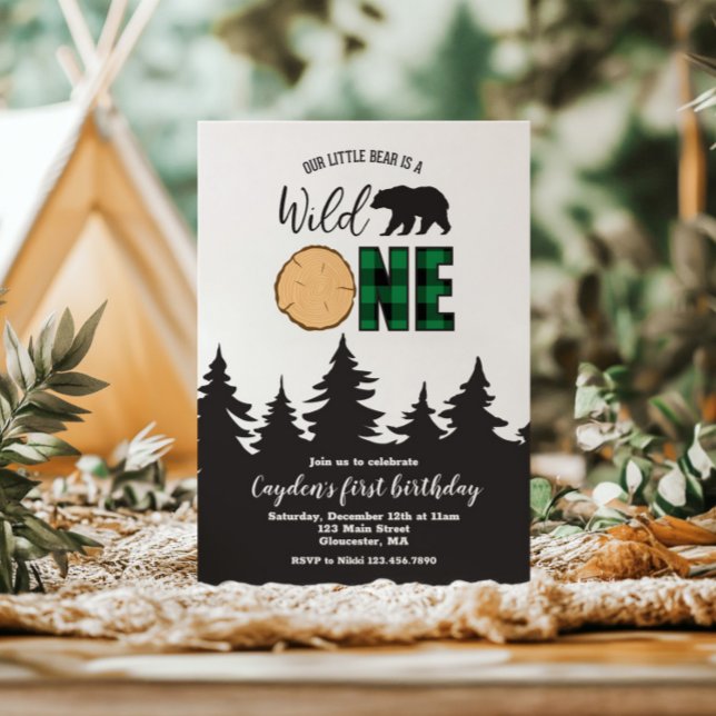 Wild One Bear Green Buffalo Plaid First Birthday Invitation (Creator Uploaded)