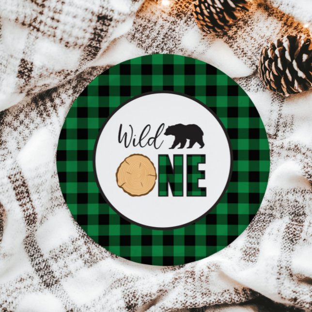 Wild One Bear green Buffalo Plaid First Birthday Paper Plate (Creator Uploaded)