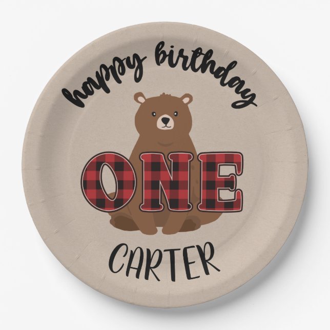 Wild ONE Bear Happy First Birthday Party Paper Plate (Front)