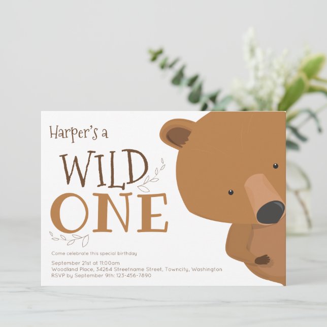 Wild One Bear Looking First Birthday Invitation (Standing Front)