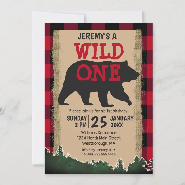 Wild One Bear Red Buffalo Plaid 1st Birthday Invitation (Front)