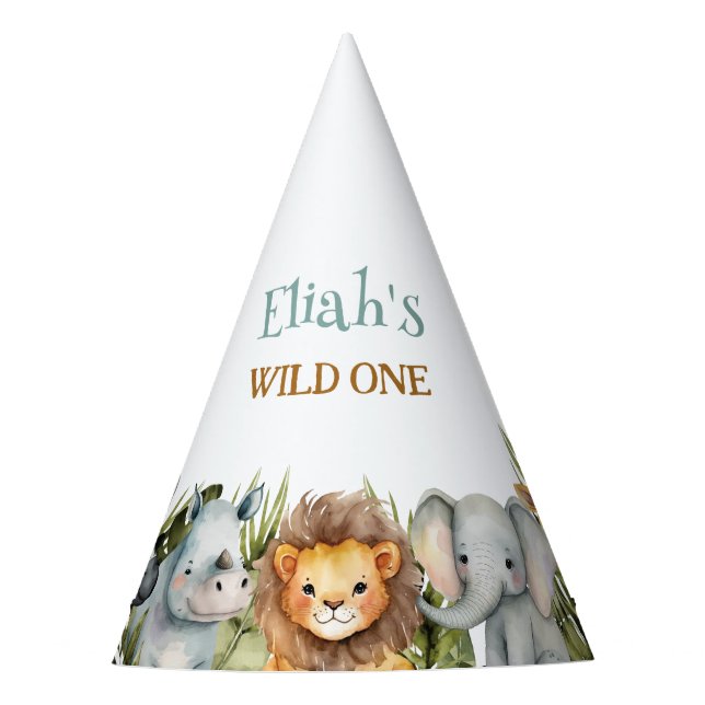 Wild One Birthday Baby Safari Animals Party Hat (Front)